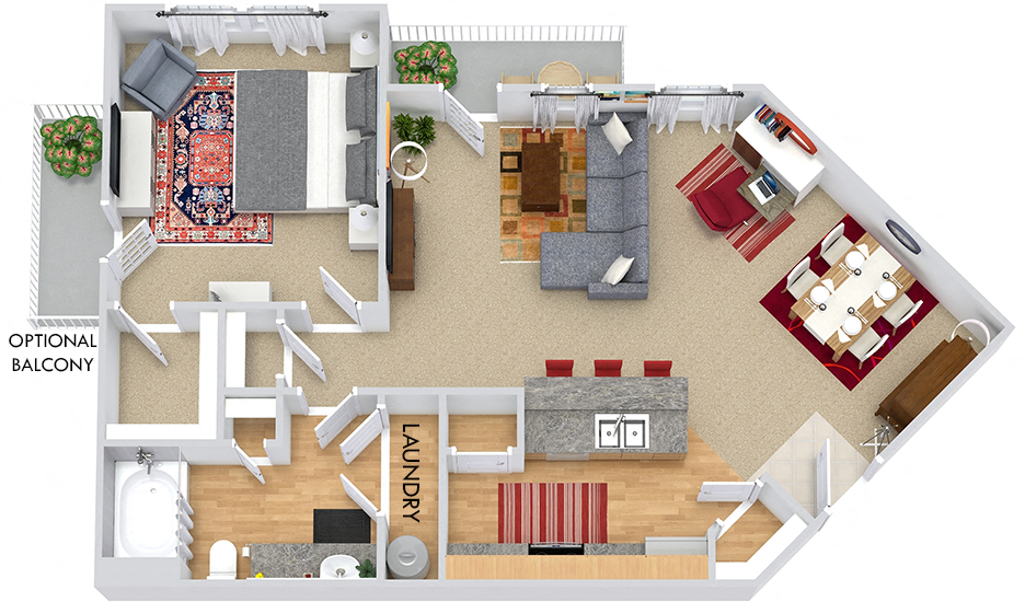 Floor plan for 1 bed, 1 bath, 822 sqft